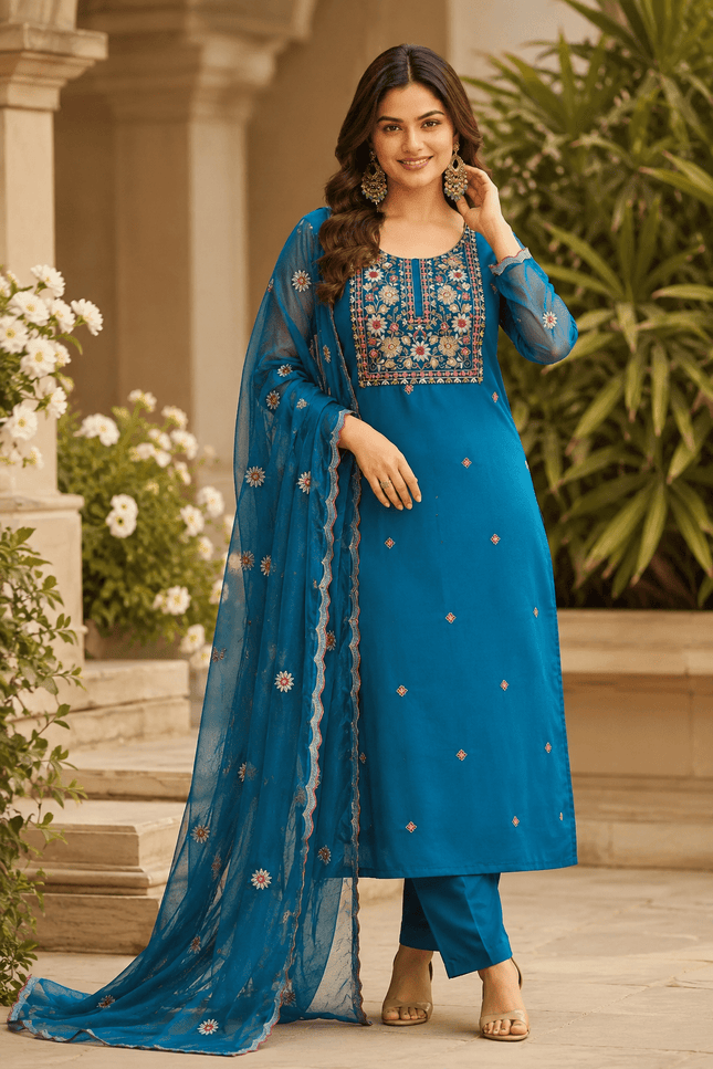 Heavy Rayon Embroidered Kurta Pant Set | Chiffon Dupatta | M–3XL - Rosepetals Luxe