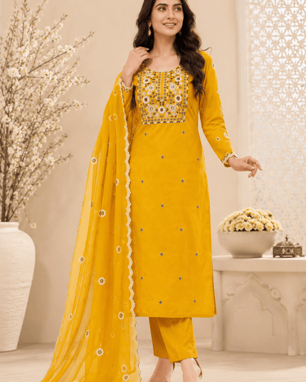 Heavy Rayon Embroidered Kurta Pant Set | Chiffon Dupatta | M–3XL - Rosepetals Luxe