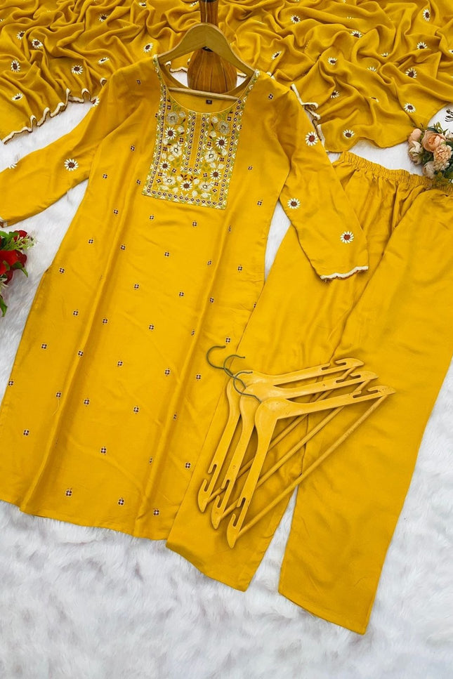 Heavy Rayon Embroidered Kurta Pant Set | Chiffon Dupatta | M–3XL - Rosepetals Luxe