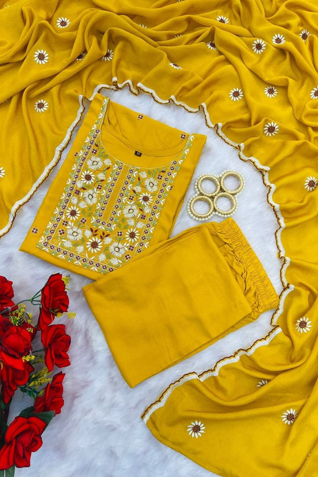 Heavy Rayon Embroidered Kurta Pant Set | Chiffon Dupatta | M–3XL - Rosepetals Luxe