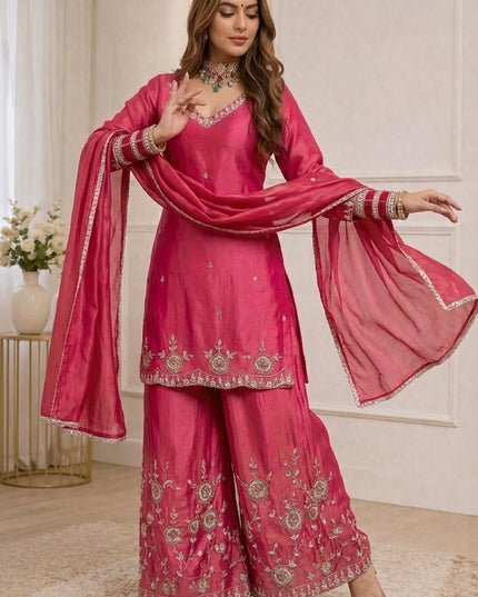 Heavy Simmr Silk Top Plazzo And DupattaWith Sequence Embroidery | Suitable for Festivals - Rosepetals Luxe