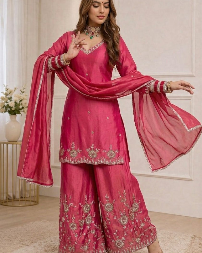 Heavy Simmr Silk Top Plazzo And DupattaWith Sequence Embroidery | Suitable for Festivals - Rosepetals Luxe