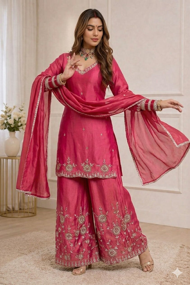 Heavy Simmr Silk Top Plazzo And DupattaWith Sequence Embroidery | Suitable for Festivals - Rosepetals Luxe