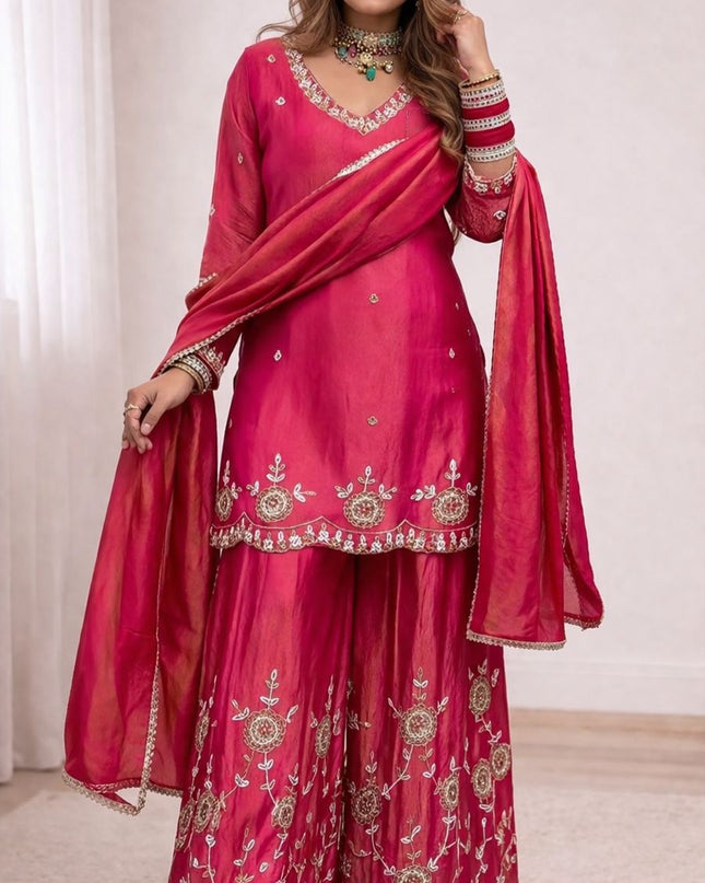 Heavy Simmr Silk Top Plazzo And DupattaWith Sequence Embroidery | Suitable for Festivals - Rosepetals Luxe