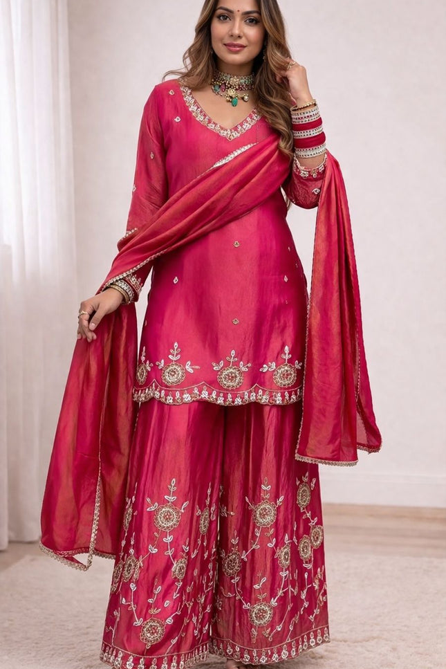 Heavy Simmr Silk Top Plazzo And DupattaWith Sequence Embroidery | Suitable for Festivals - Rosepetals Luxe