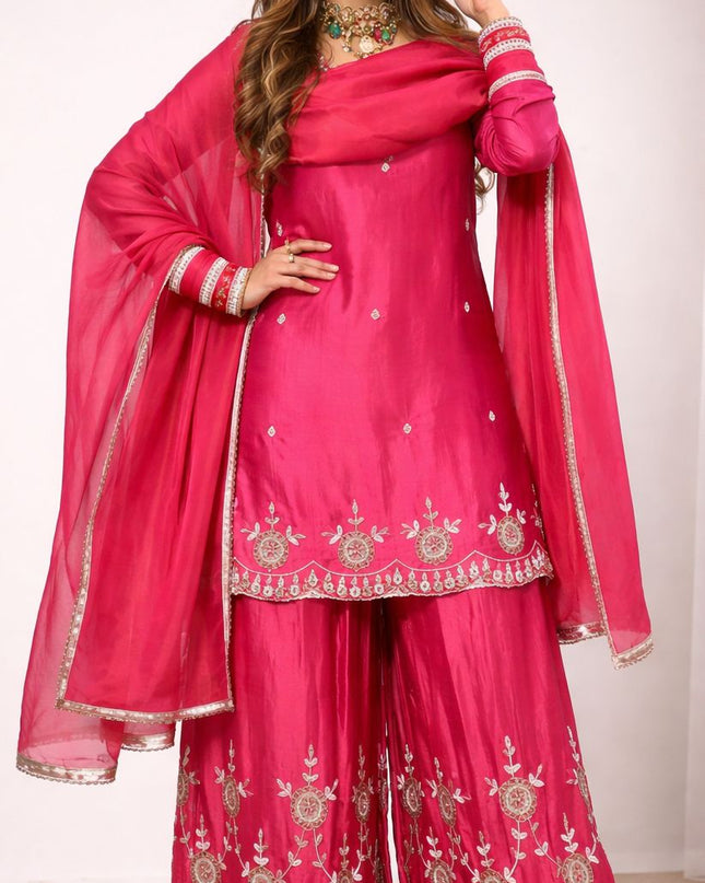 Heavy Simmr Silk Top Plazzo And DupattaWith Sequence Embroidery | Suitable for Festivals - Rosepetals Luxe
