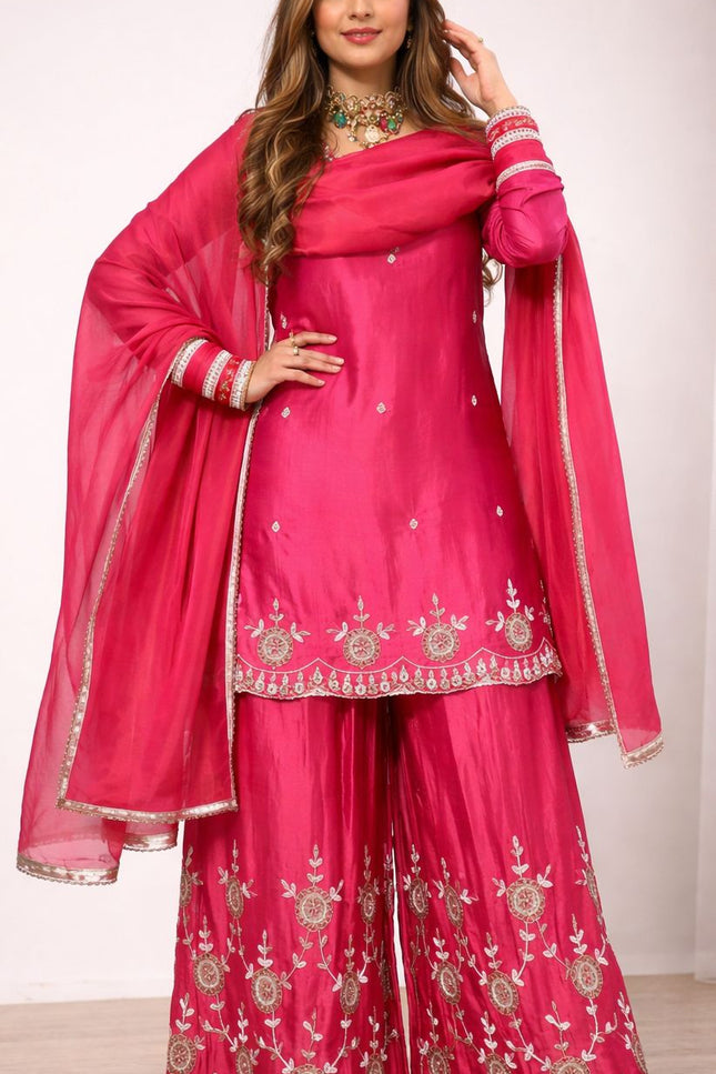 Heavy Simmr Silk Top Plazzo And DupattaWith Sequence Embroidery | Suitable for Festivals - Rosepetals Luxe