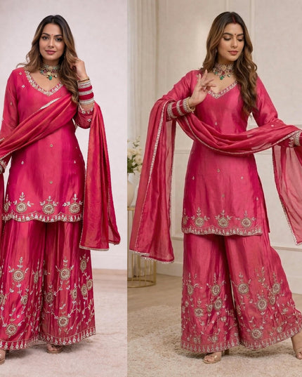 Heavy Simmr Silk Top Plazzo And DupattaWith Sequence Embroidery | Suitable for Festivals - Rosepetals Luxe
