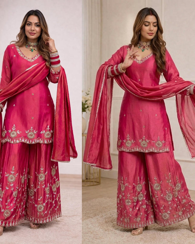 Heavy Simmr Silk Top Plazzo And DupattaWith Sequence Embroidery | Suitable for Festivals - Rosepetals Luxe