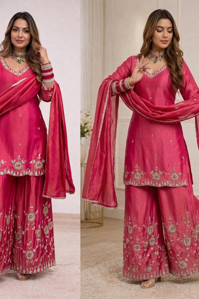 Heavy Simmr Silk Top Plazzo And DupattaWith Sequence Embroidery | Suitable for Festivals - Rosepetals Luxe