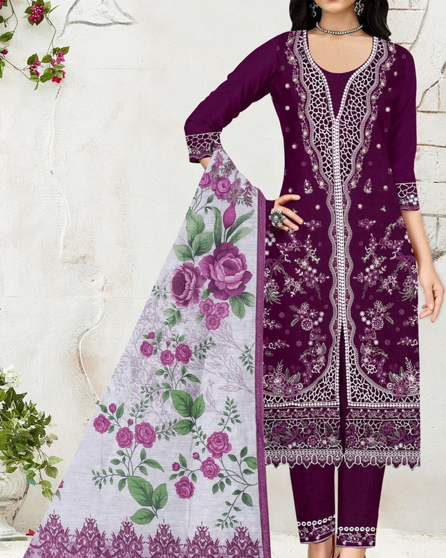 Heavy Slub Cotton Embroidered Suit Set | Cutwork & Khatli Work with Mul Chanderi Dupatta - Rosepetals Luxe