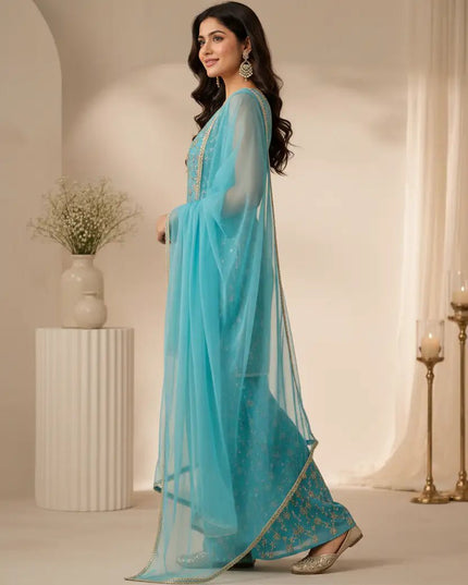 Heavy Star Georgette 3 Piece Suit Set with Sequin Embroidery & Lace Dupatta – Festive Ethnic Wear - Rosepetals Luxe