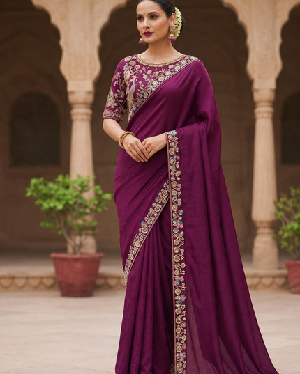 Fendy Satin Silk Saree with Bead, Sequin & Cutdana Embroidered Lace Border | Stitched Blouse - Rosepetals Luxe