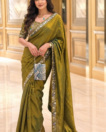 Fendy Satin Silk Saree with Bead, Sequin & Cutdana Embroidered Lace Border | Stitched Blouse - Rosepetals Luxe