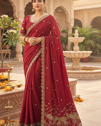 Model wearing a ruby red Rangoli silk saree with gold-toned embroidery, a scalloped border and bird motifs on the pallu.