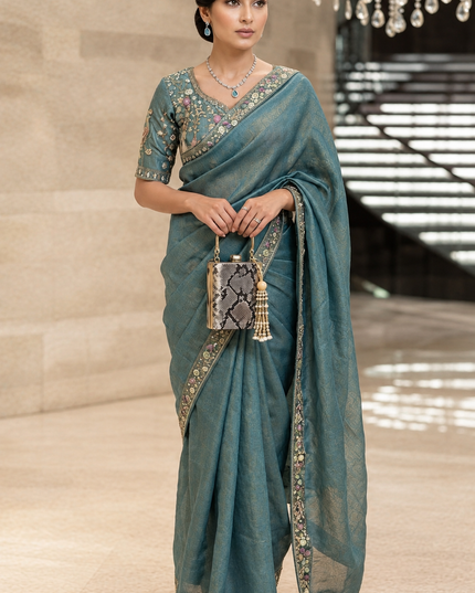 Fendy Satin Silk Saree with Bead, Sequin & Cutdana Embroidered Lace Border | Stitched Blouse - Rosepetals Luxe