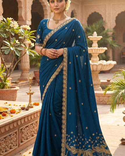 Model wearing a teal Rangoli silk saree with gold-toned embroidery, a scalloped border and bird motifs on the pallu.