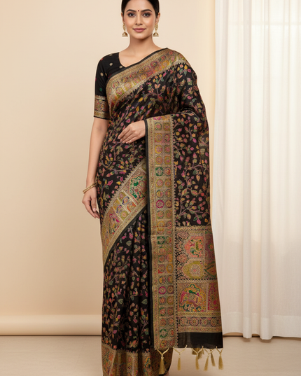 Hand-Dyed Rajwadi Pashmina Silk Saree with Kashmiri Thread-Woven Pallu & Zari Border - Rosepetals Luxe