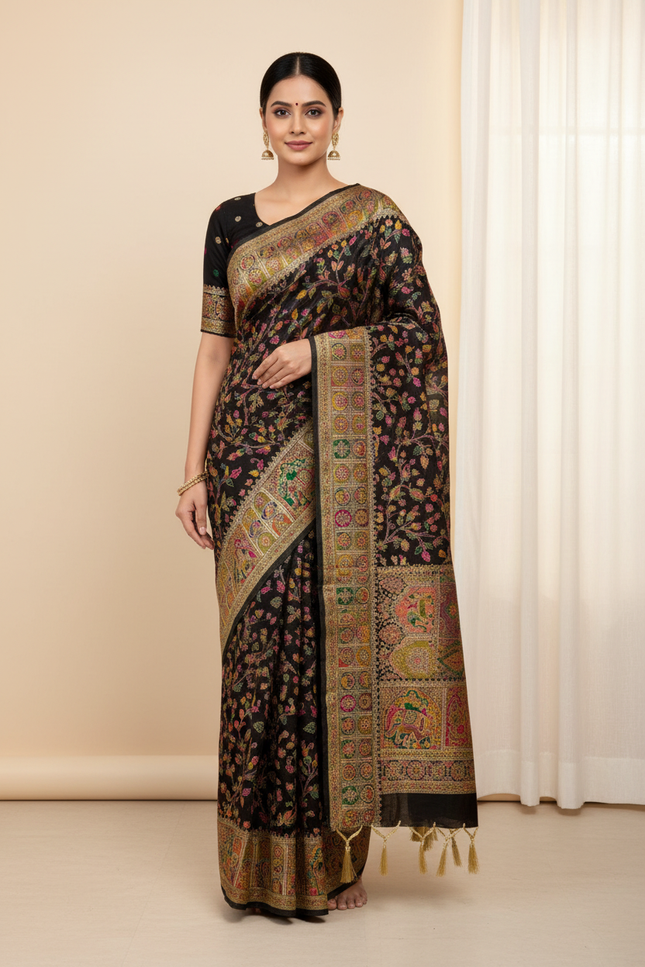 Hand-Dyed Rajwadi Pashmina Silk Saree with Kashmiri Thread-Woven Pallu & Zari Border - Rosepetals Luxe