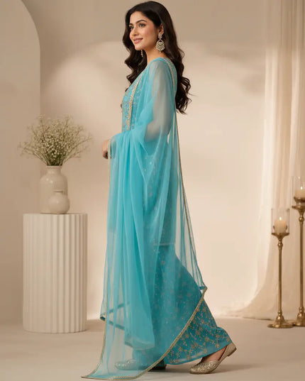Designer Heavy Star Georgette 3 Piece Suit Set with Sequin Embroidery and Lace Dupatta