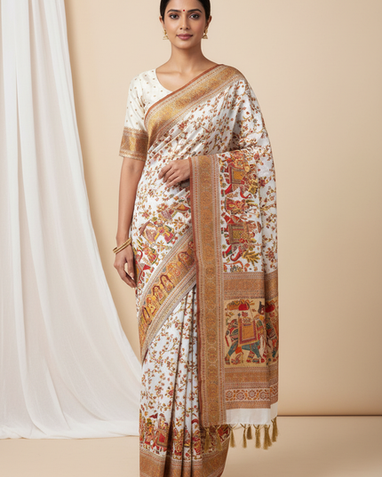 Hand-Dyed Rajwadi Pashmina Silk Saree with Kashmiri Thread-Woven Pallu & Zari Border - Rosepetals Luxe
