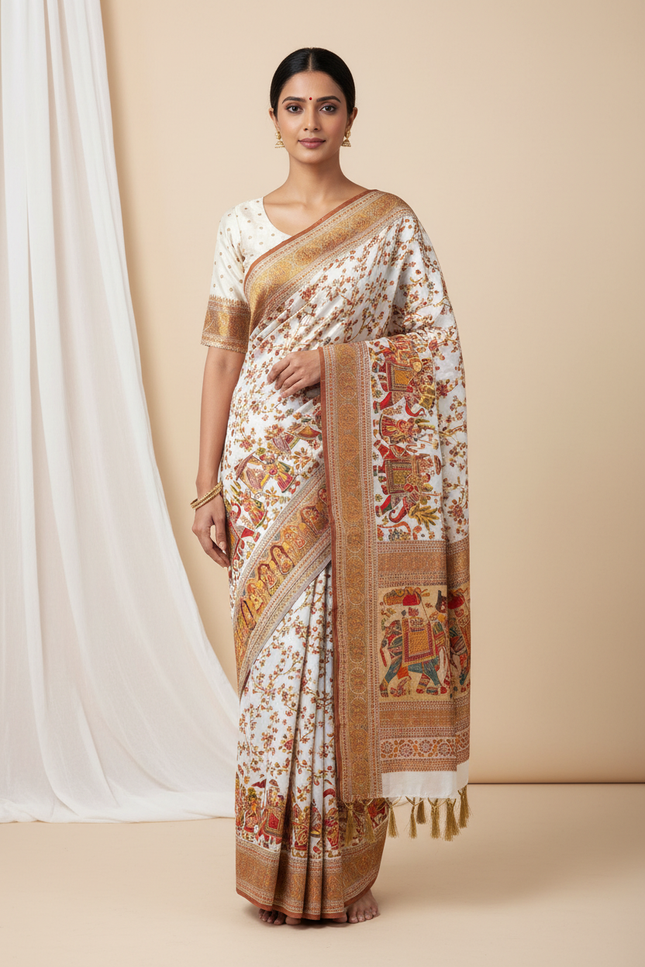 Hand-Dyed Rajwadi Pashmina Silk Saree with Kashmiri Thread-Woven Pallu & Zari Border - Rosepetals Luxe