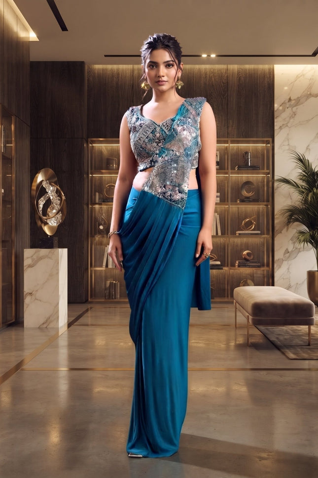 Imported Lycra Ready-to-Wear Saree with Beadwork Blouse - Rosepetals Luxe
