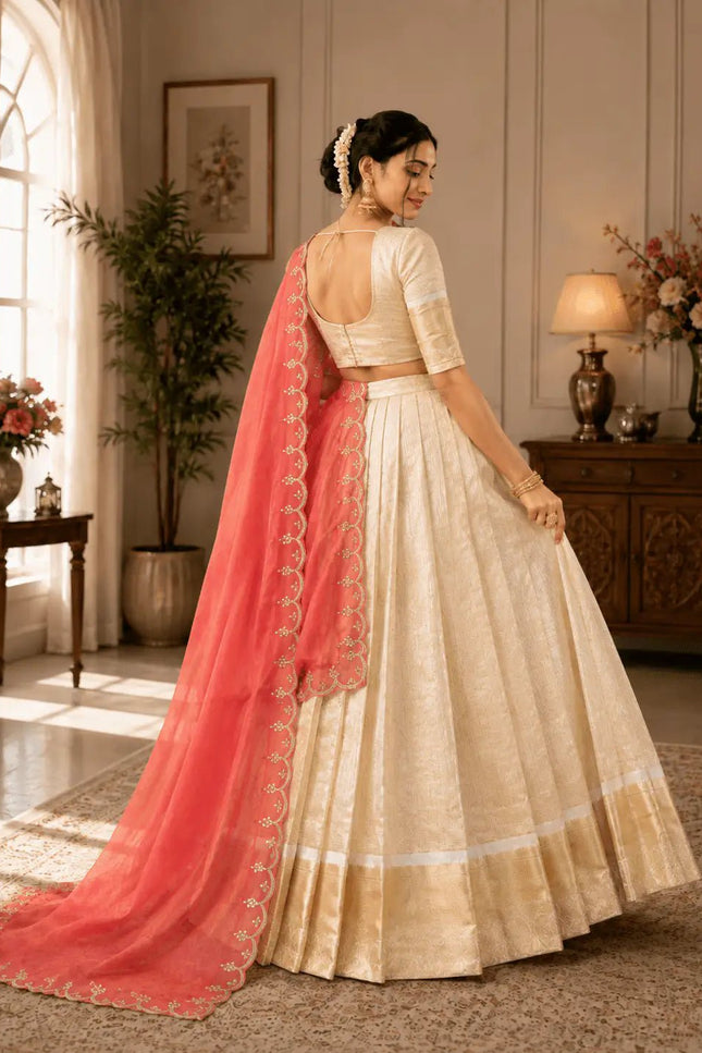 Jacquard Chex Zari Lehenga Choli Set | Embroidered Dupatta | Onam & Festive Wear | Orange, Green & Pink - Rosepetals Luxe