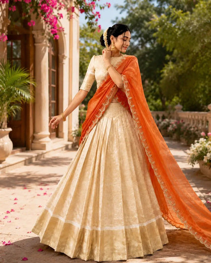 Jacquard Chex Zari Lehenga Choli Set | Embroidered Dupatta | Onam & Festive Wear | Orange, Green & Pink - Rosepetals Luxe
