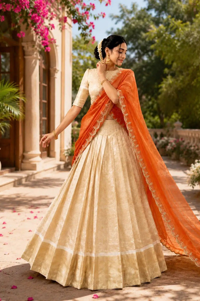 Jacquard Chex Zari Lehenga Choli Set | Embroidered Dupatta | Onam & Festive Wear | Orange, Green & Pink - Rosepetals Luxe