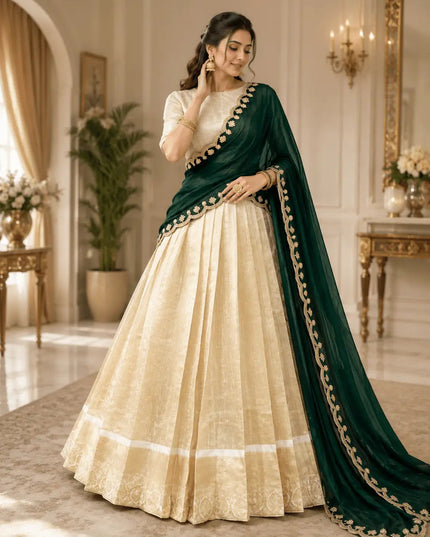 Jacquard Chex Zari Lehenga Choli Set | Embroidered Dupatta | Onam & Festive Wear | Orange, Green & Pink - Rosepetals Luxe