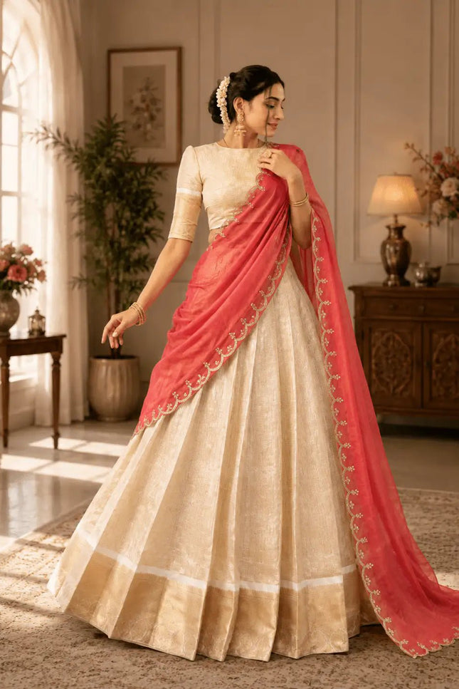 Jacquard Chex Zari Lehenga Choli Set | Embroidered Dupatta | Onam & Festive Wear | Orange, Green & Pink - Rosepetals Luxe