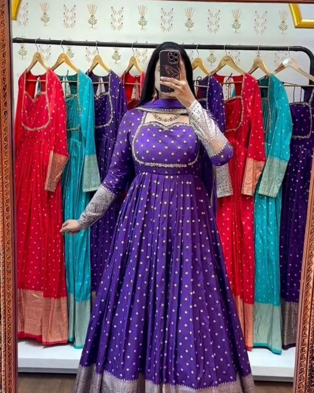 Jacquard Gown with Faux Georgette Dupatta - Rosepetals Luxe