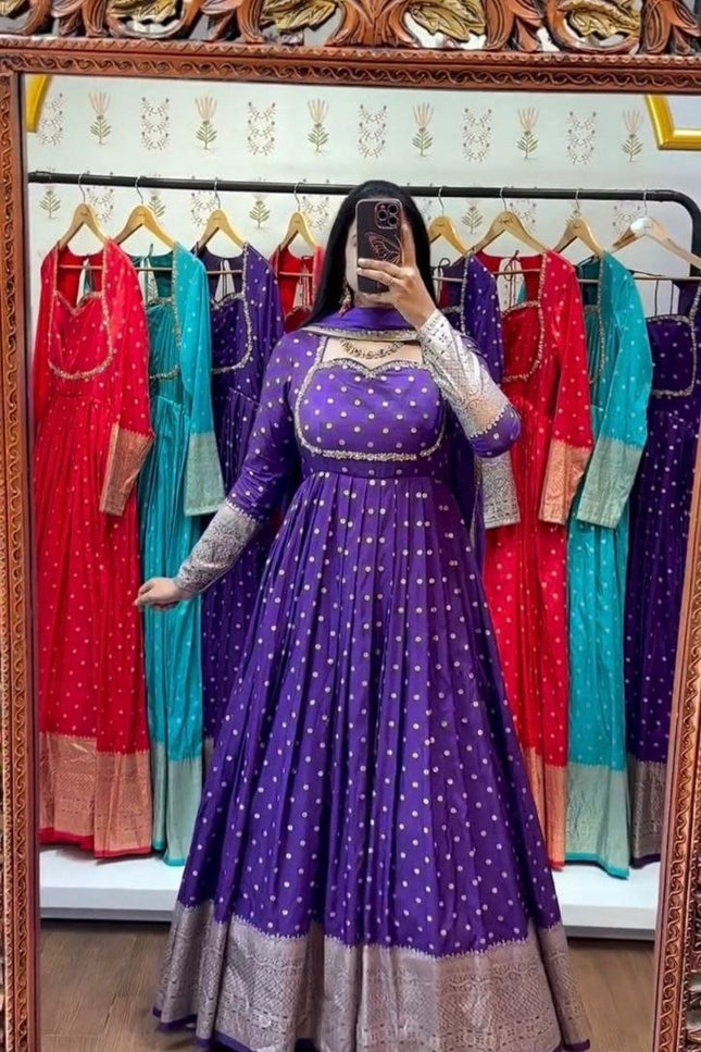 Jacquard Gown with Faux Georgette Dupatta - Rosepetals Luxe