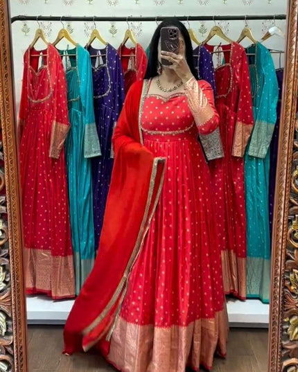 Jacquard Gown with Faux Georgette Dupatta - Rosepetals Luxe