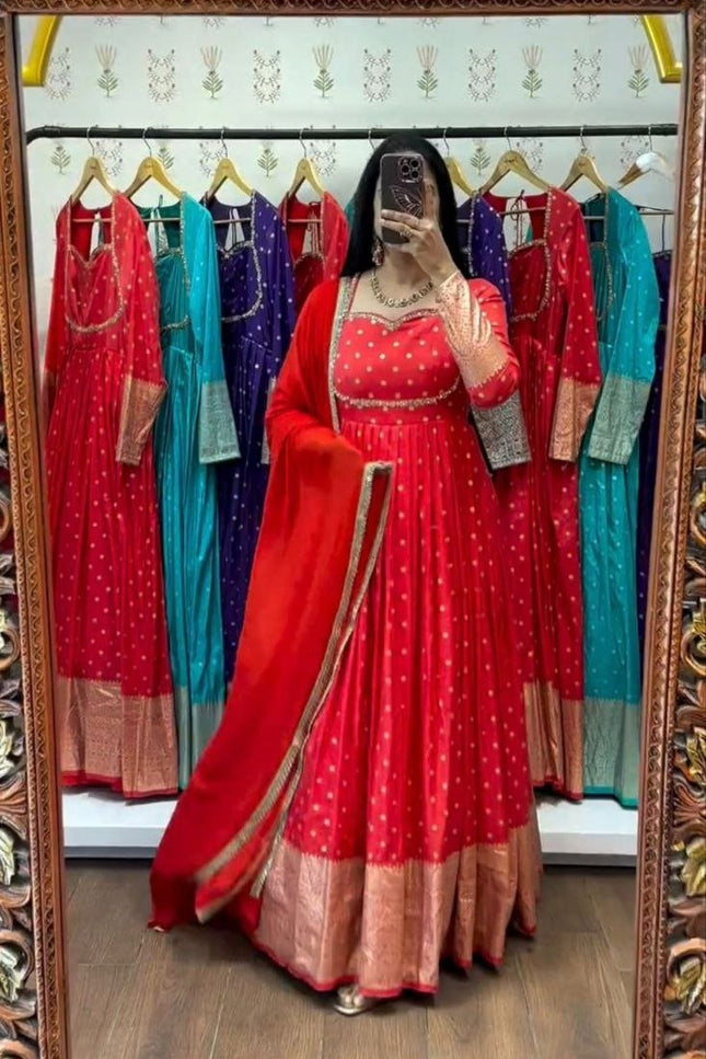 Jacquard Gown with Faux Georgette Dupatta - Rosepetals Luxe