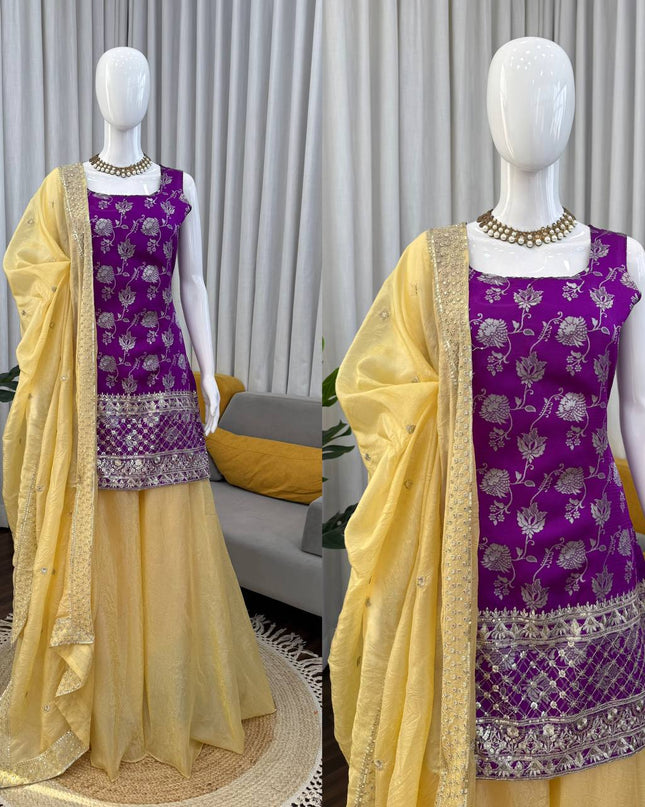 Jacquard Top Palazzo Set with Sequins Work & Crunchy Silk Dupatta - Rosepetals Luxe