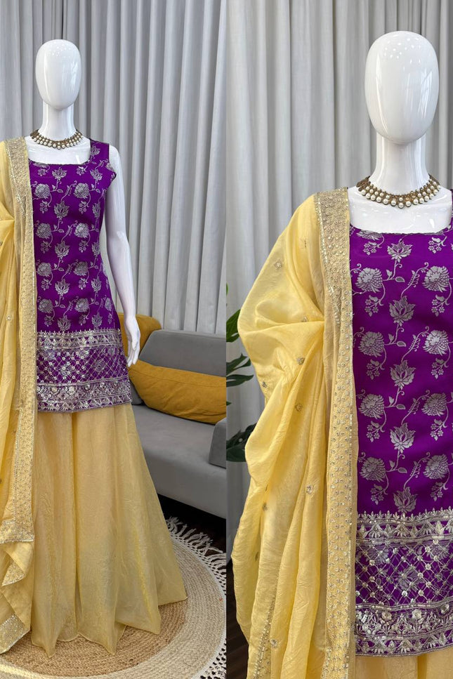 Jacquard Top Palazzo Set with Sequins Work & Crunchy Silk Dupatta - Rosepetals Luxe