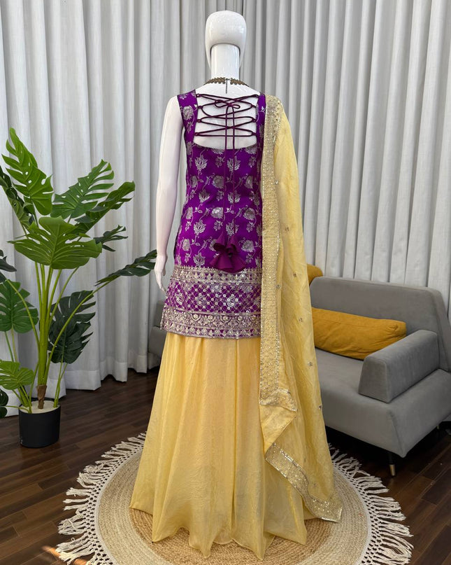 Jacquard Top Palazzo Set with Sequins Work & Crunchy Silk Dupatta - Rosepetals Luxe