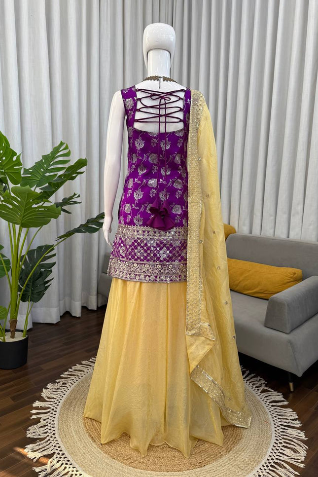 Jacquard Top Palazzo Set with Sequins Work & Crunchy Silk Dupatta - Rosepetals Luxe