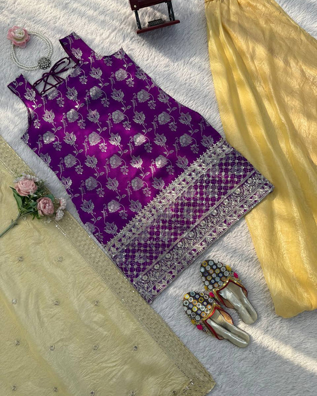 Jacquard Top Palazzo Set with Sequins Work & Crunchy Silk Dupatta - Rosepetals Luxe