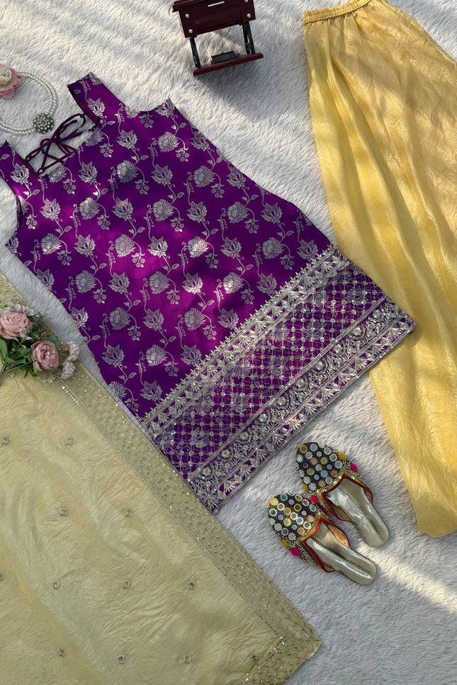 Jacquard Top Palazzo Set with Sequins Work & Crunchy Silk Dupatta - Rosepetals Luxe