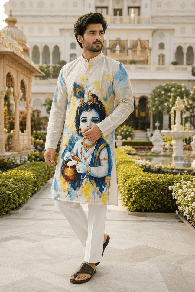 Janmashtami Special Men’s Cotton Digital Print Crochet Sequin Kurta - Rosepetals Luxe