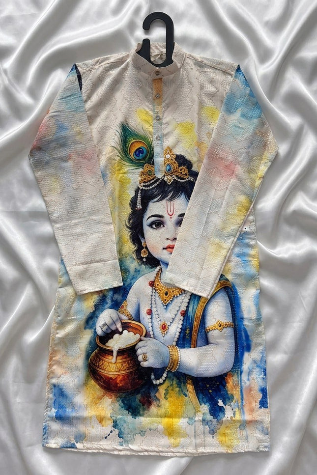 Janmashtami Special Men’s Cotton Digital Print Crochet Sequin Kurta - Rosepetals Luxe