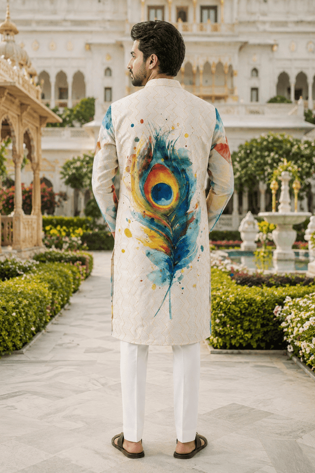 Janmashtami Special Men’s Cotton Digital Print Crochet Sequin Kurta - Rosepetals Luxe