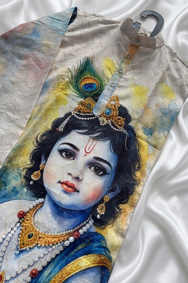 Janmashtami Special Men’s Cotton Digital Print Crochet Sequin Kurta - Rosepetals Luxe