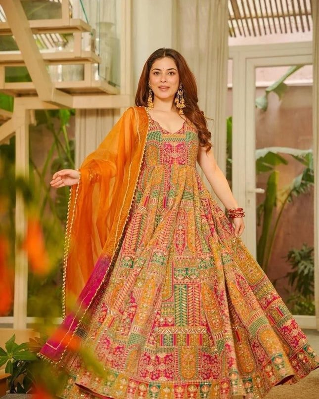 Jimmy Organza Silk Anarkali Gown With Digital Print | Elegant Ethnic Wear - Rosepetals Luxe