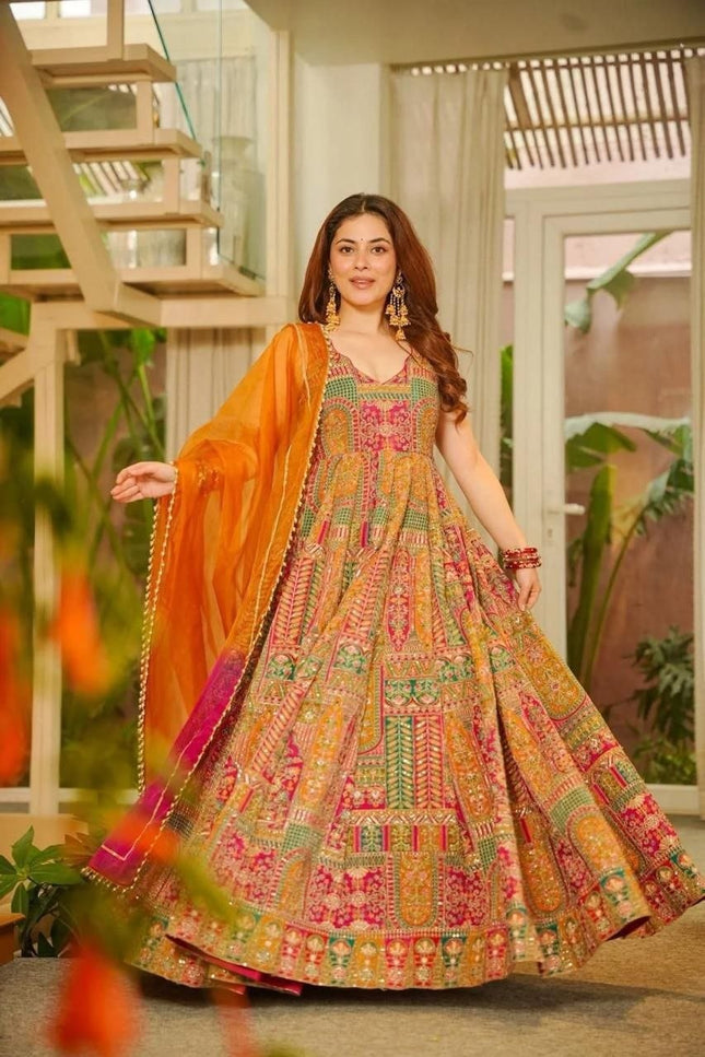 Jimmy Organza Silk Anarkali Gown With Digital Print | Elegant Ethnic Wear - Rosepetals Luxe