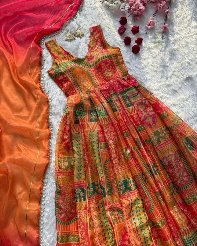 Jimmy Organza Silk Anarkali Gown With Digital Print | Elegant Ethnic Wear - Rosepetals Luxe