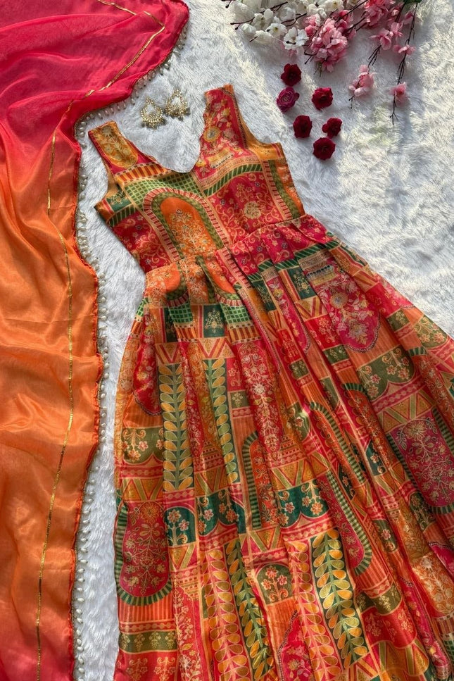 Jimmy Organza Silk Anarkali Gown With Digital Print | Elegant Ethnic Wear - Rosepetals Luxe